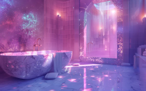 HD desktop wallpaper of a luxurious bathroom interior with vibrant lighting, featuring a marble bathtub and a shower area bathed in pink and purple hues, creating an enchanting ambiance.
