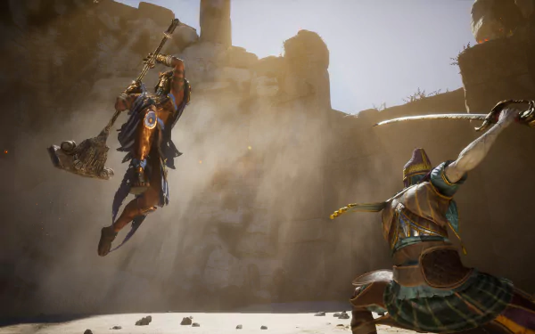 An intense battle scene from the video game Enotria: The Last Song, featuring two warriors in a desert arena. This HD desktop wallpaper captures the energy and excitement of the game.
