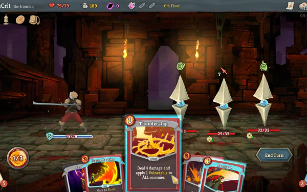 A HD desktop wallpaper and background featuring a gameplay scene from the video game Slay the Spire, depicting a character in combat with three enemies, and various cards displayed at the bottom of the screen.