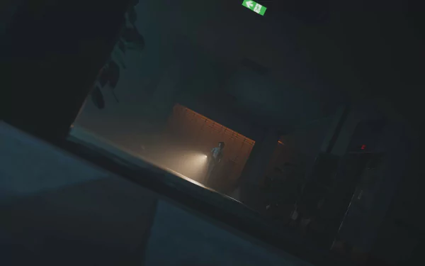 HD desktop wallpaper from the video game The Bridge Curse 2: The Extrication, featuring a dimly lit hallway with a figure standing at the end holding a flashlight, evoking a mysterious and eerie atmosphere.
