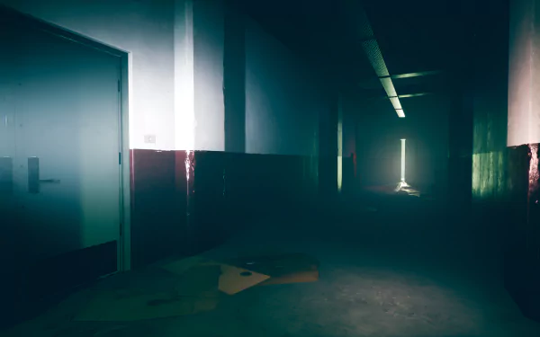 A haunting HD wallpaper from the video game The Bridge Curse 2: The Extrication, featuring a dimly lit, eerie hallway with scattered debris.