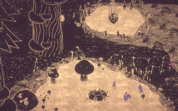 HD desktop wallpaper and background of the video game Hauntii, featuring a whimsical, eerie landscape with large mushrooms and abstract patterns in muted colors.