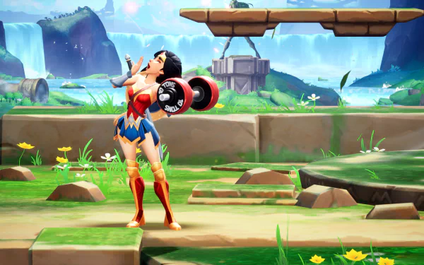 HD desktop wallpaper and background of Wonder Woman character in the video game MultiVersus, set in a vibrant, animated outdoor environment with lush greenery and waterfalls.