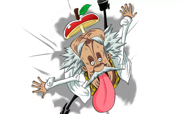 HD desktop wallpaper featuring Dr. Vegapunk from the anime One Piece, showing him with an exaggerated expression, wild hair, a long tongue sticking out, and an apple on his head.
