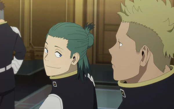 HD desktop wallpaper featuring an anime scene from Kaiju No. 8, with two characters in military-style uniforms, one looking back with a smile.