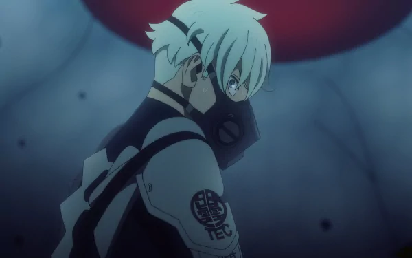 HD desktop wallpaper from the anime Kaiju No. 8, featuring a character with white hair and a gas mask, wearing a uniform with the TEC emblem.