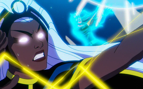 HD desktop wallpaper featuring Storm from the TV show X-Men '97, displaying her powers with glowing eyes and lightning, set in an intense battle scene.