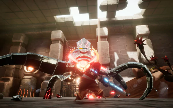 HD desktop wallpaper featuring a dramatic scene from the video game Astor: Blade of the Monolith, showcasing a battle with a multi-legged robotic creature in a mysterious ancient ruin.