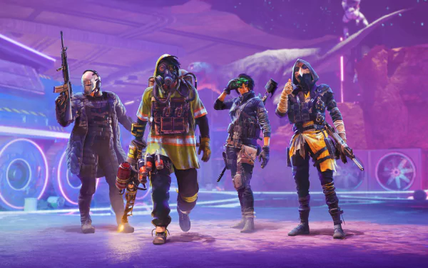 Four distinct characters from the video game XDefiant stand ready for action in a vibrant, futuristic environment. This HD wallpaper showcases detailed costumes and weapons, making it an engaging desktop background.