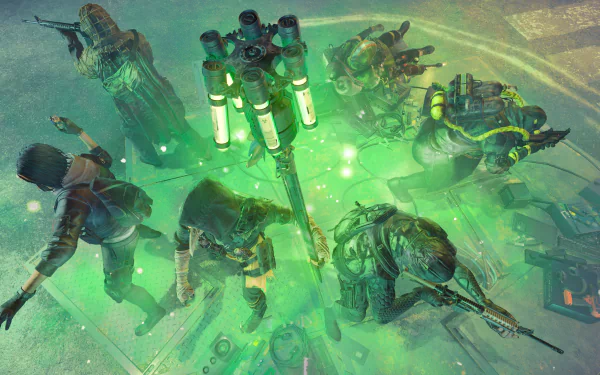 HD desktop wallpaper and background featuring characters from the video game XDefiant, depicted in a dynamic, action-packed scene with green lighting and smoke effects.