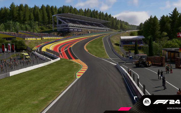 High-definition desktop wallpaper featuring a vivid scene from the video game F1 24, showcasing a detailed racetrack surrounded by lush greenery and a grandstand.