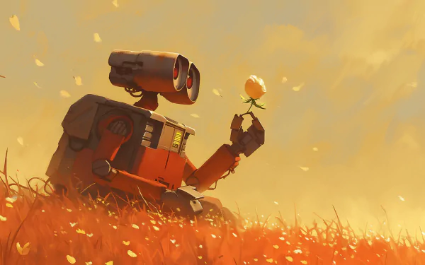 HD desktop wallpaper and background featuring Wall·E, the character from the movie Wall·E, sitting in a field holding a flower against a warm, golden sky.