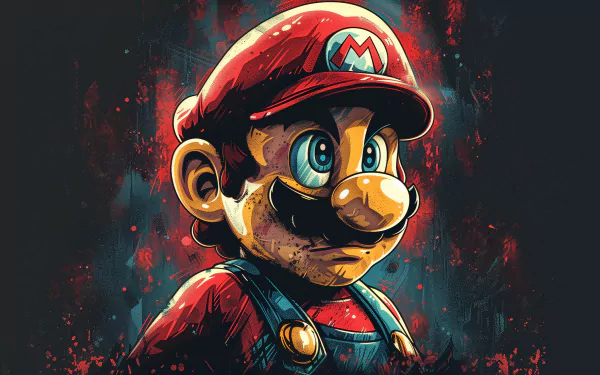 HD desktop wallpaper featuring Mario from the video game Super Mario Bros., set against a vibrant and dramatic dark background.