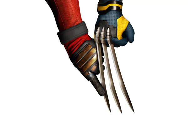 HD desktop wallpaper of Deadpool and Wolverine, featuring their hands: Deadpool holding a sword and Wolverine with his claws extended.