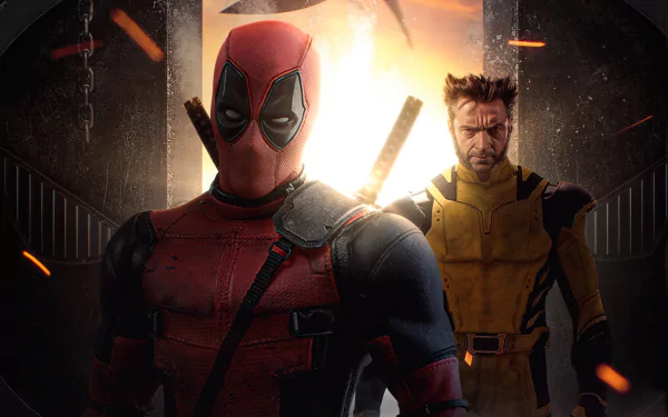 HD desktop wallpaper featuring Deadpool in his signature red suit and Wolverine in a yellow suit with a dramatic background.