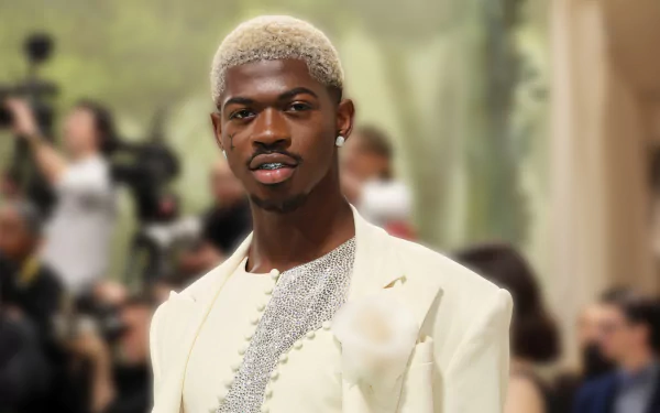 Lil Nas X in a stylish white outfit, set against a blurred background, captured in HD. This image is tagged with music and rapper, and serves as an HD desktop wallpaper and background.