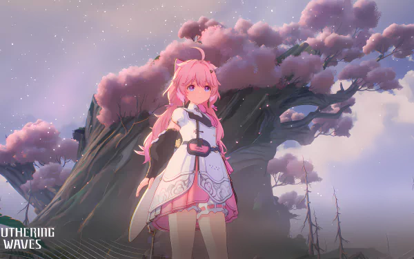 4K Ultra HD PC desktop wallpaper featuring Encore from Wuthering Waves standing under a large, blooming tree with pink clouds in the sky.