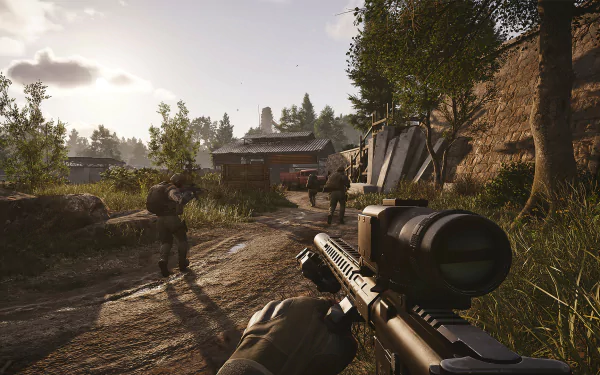 HD desktop wallpaper of Arena Breakout: Infinite, featuring a first-person shooter perspective with a detailed sniper rifle and soldiers advancing through a wooded, sunlit environment.