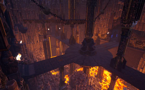 HD desktop wallpaper and background featuring a stunning scene from the video game Rise Online, showcasing an intricate, glowing lava-filled cavern with grand stone structures and warm, ambient lighting.