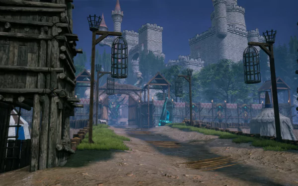 HD desktop wallpaper and background image of the video game Rise Online, featuring a medieval castle scene with wooden structures and lanterns lining a dirt pathway.