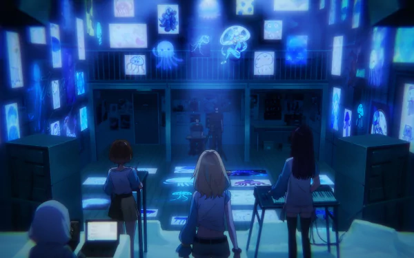 Anime-style scene from Jellyfish Can’t Swim in the Night, featuring characters observing illuminated jellyfish images on multiple screens in a dimly lit room. HD desktop wallpaper background.