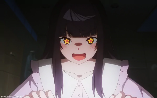 HD desktop wallpaper featuring a character from Jellyfish Can’t Swim in the Night. The character's eyes are star-shaped, and they have dark hair. The scene is dark, illuminating the character's expression.