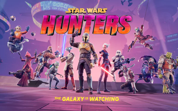 HD desktop wallpaper featuring characters from the video game Star Wars: Hunters with bold text stating The Galaxy is Watching.
