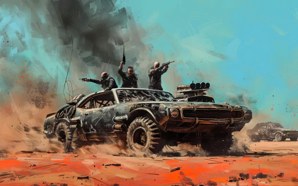 HD desktop wallpaper featuring a thrilling Mad Max movie scene with rugged vehicles and characters in a dusty, post-apocalyptic landscape, radiating action and intensity.