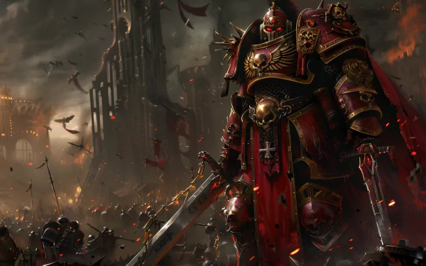 HD desktop wallpaper depicting a Warhammer video game scene with a formidable armored warrior wielding a large sword amidst a dark, chaotic battlefield. 