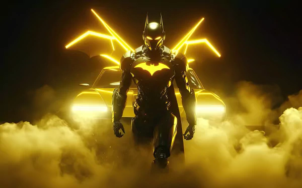 Futuristic artwork of Batman from Batman Beyond, featuring neon yellow highlights and a dramatic, smoke-filled background. The image serves as an HD desktop wallpaper.