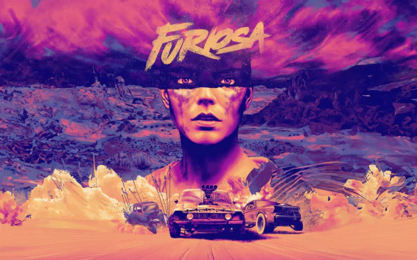 HD desktop wallpaper featuring a vibrant, stylized image from Furiosa: A Mad Max Saga, showcasing a character's face surrounded by rugged vehicles and a desert landscape.