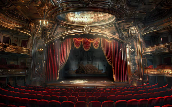 HD theater desktop wallpaper and background featuring an ornate, vintage-style theater interior with red velvet seats, a grand stage curtain, and intricate architectural details.