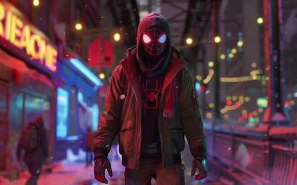 HD desktop wallpaper featuring Miles Morales in a dark, snowy urban environment with brightly lit signs and neon lights in the background.