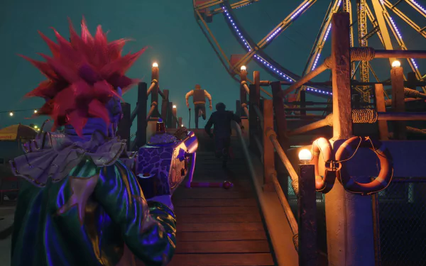 A HD desktop wallpaper from Killer Klowns from Outer Space: The Game, featuring a menacing clown with a weapon chasing people near a lit-up Ferris wheel at night.