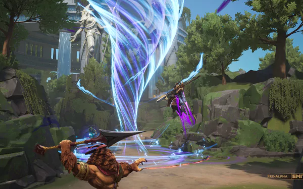 High-definition desktop wallpaper and background featuring an action-packed scene from the video game Smite 2, showcasing dynamic characters in battle amidst a vibrant and detailed landscape.