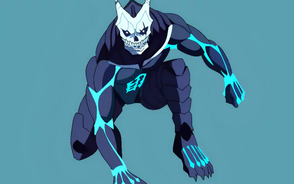 Kaiju No. 8's Kafka Hibino in armored kaiju form, crouched with neon-blue veins on dark armor against a teal backdrop — HD PC desktop wallpaper.