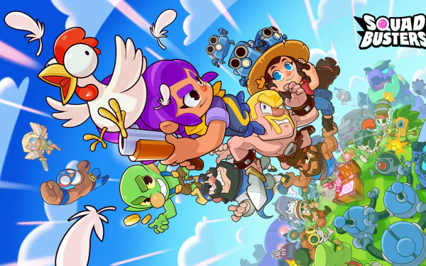 HD desktop wallpaper and background featuring colorful characters from the video game Squad Busters, depicted in dynamic action with varied expressions and poses against a vibrant blue sky.