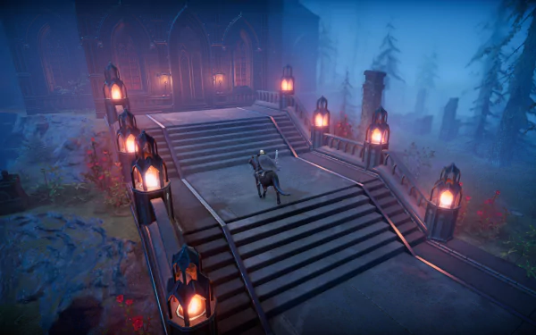 An HD desktop wallpaper from the video game V Rising showing a character on horseback ascending a grand, lantern-lit staircase surrounded by a mysterious, foggy forest.