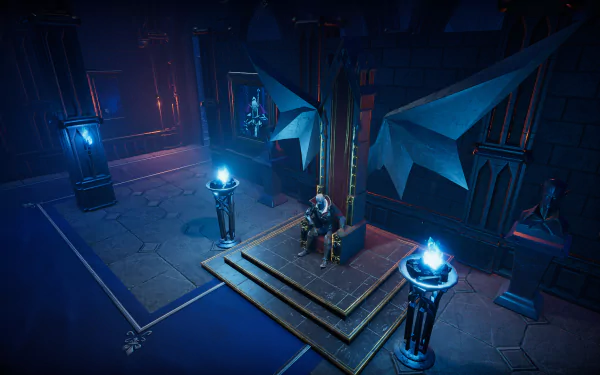 HD desktop wallpaper featuring a scene from the video game V Rising, showcasing a dark, gothic throne room with blue lighting and intricate details.