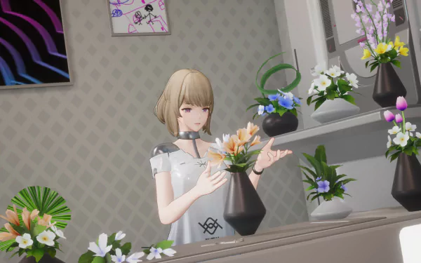 A serene scene from the video game Snowbreak: Containment Zone, featuring a character arranging flowers in a stylish, modern room. HD desktop wallpaper background.