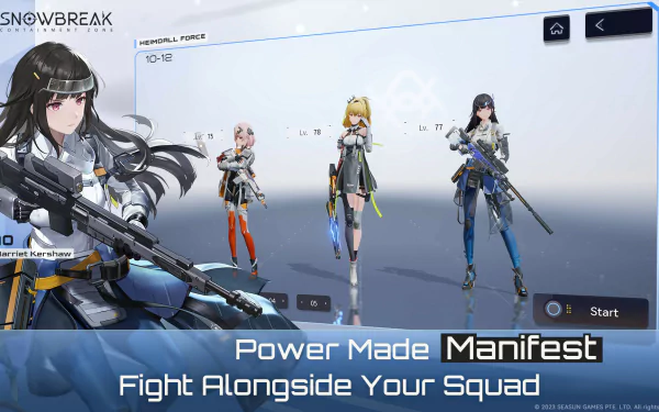 HD desktop wallpaper featuring characters from the video game Snowbreak: Containment Zone ready for battle. The text reads Power Made Manifest: Fight Alongside Your Squad.