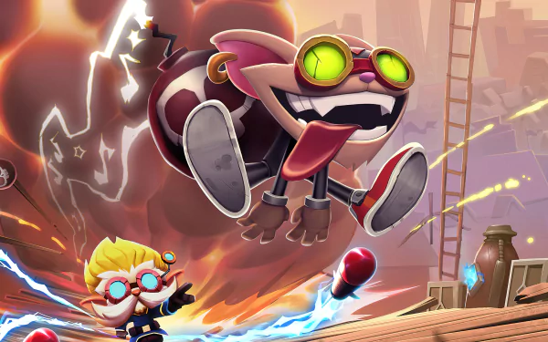 HD desktop wallpaper and background featuring Heimerdinger from the video game League Of Legends, showcasing dynamic action and vibrant colors.