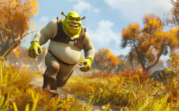HD desktop wallpaper featuring Shrek, the ogre character from the movie, walking through a vibrant, autumn-colored forest with a cheerful expression.