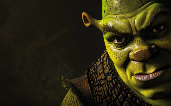 HD desktop wallpaper featuring a close-up of Shrek, the popular animated movie character, against a dark, textured background.