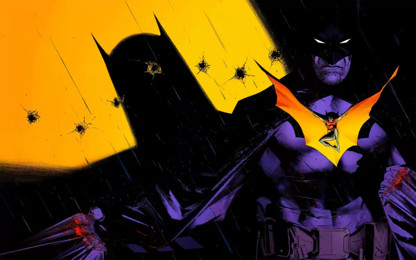 HD PC desktop wallpaper featuring Batman in a striking pose with a bold yellow background and bullet holes, illustrated by Jorge Jiménez.