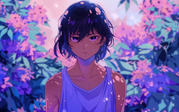 HD desktop wallpaper featuring Omori from the video game OMORI. The character stands against a background of vivid, colorful foliage, with soft lighting enhancing the serene and contemplative atmosphere.