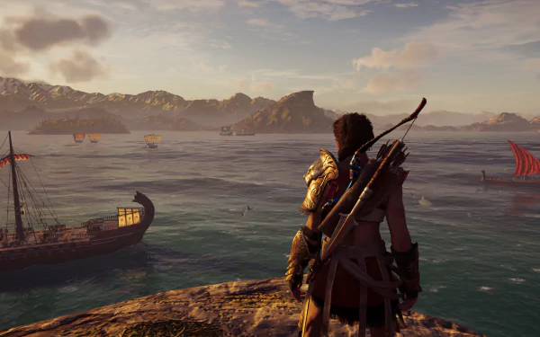 HD PC desktop wallpaper featuring Kassandra from Assassin's Creed Odyssey overlooking a vast sea with ancient ships and distant rugged mountains under a cloudy sky.