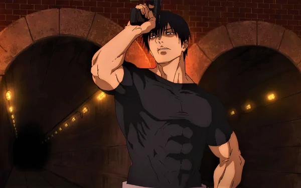 HD desktop wallpaper featuring Toji Fushiguro from the anime Jujutsu Kaisen, posing confidently in a dimly lit tunnel with brick archways.