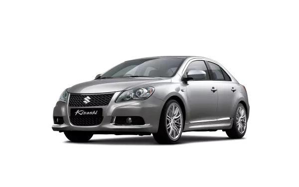 HD desktop wallpaper featuring a sleek, gray Suzuki Kizashi Sport sedan. The car is positioned against a white background, showcasing its stylish design and modern aesthetics.