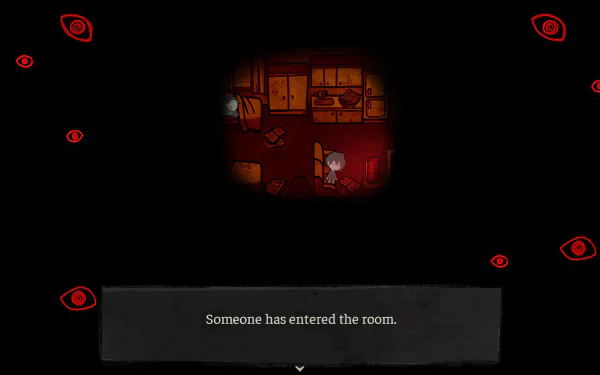 HD desktop wallpaper of the video game The Coffin of Andy and Leyley, featuring a dark room with a character inside and the text Someone has entered the room, surrounded by red eyes on a black background.